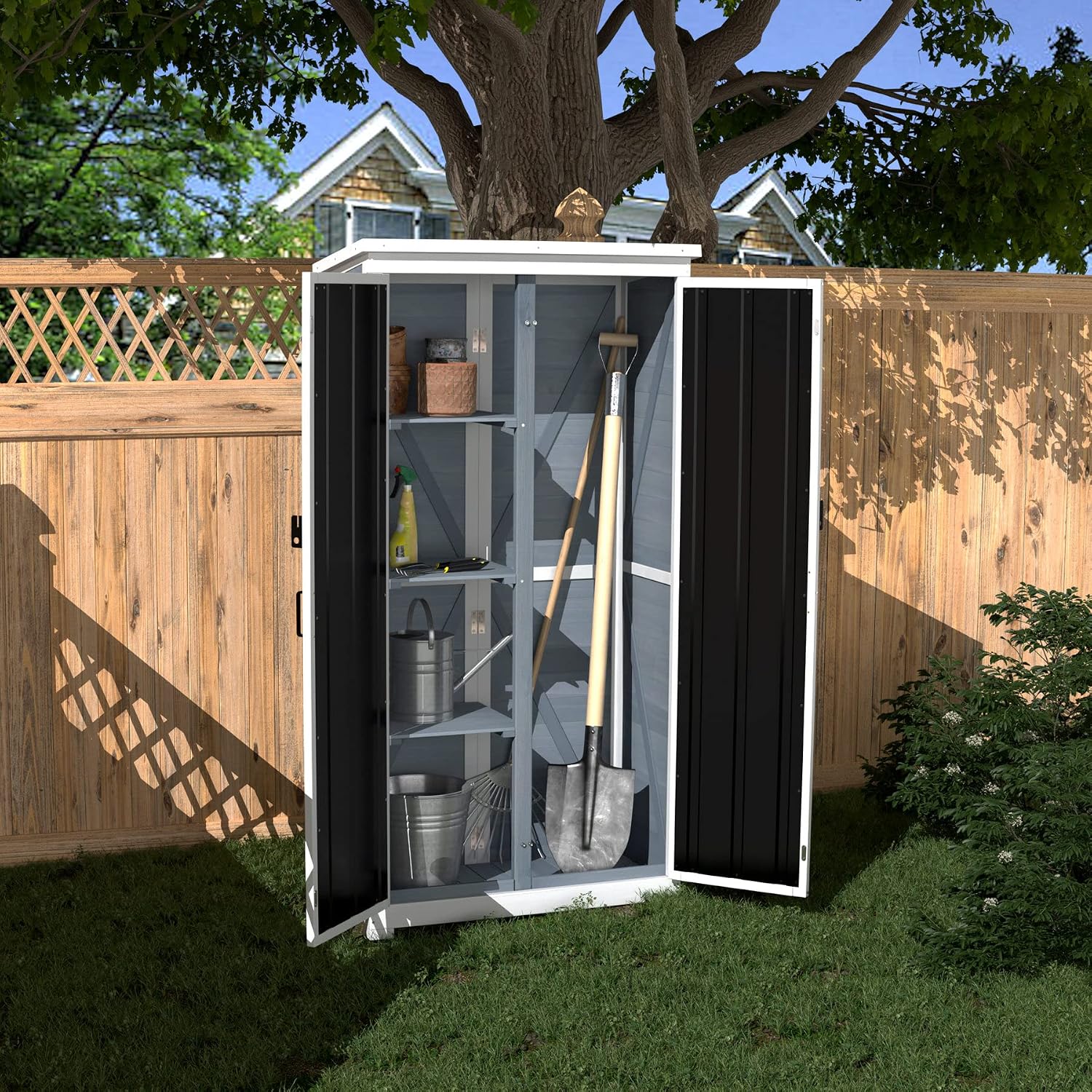 Gardening Tools Organizer - Outdoor Storage Cabinet Wood Metal Garden